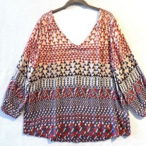 Lucky Brand L Large long sleeve floral v neck‎ shirt boho Blouse Top Warm Colors